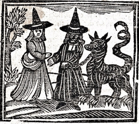 medieval woodcut of two witches and a demon medieval woodcut of two witches and a demon