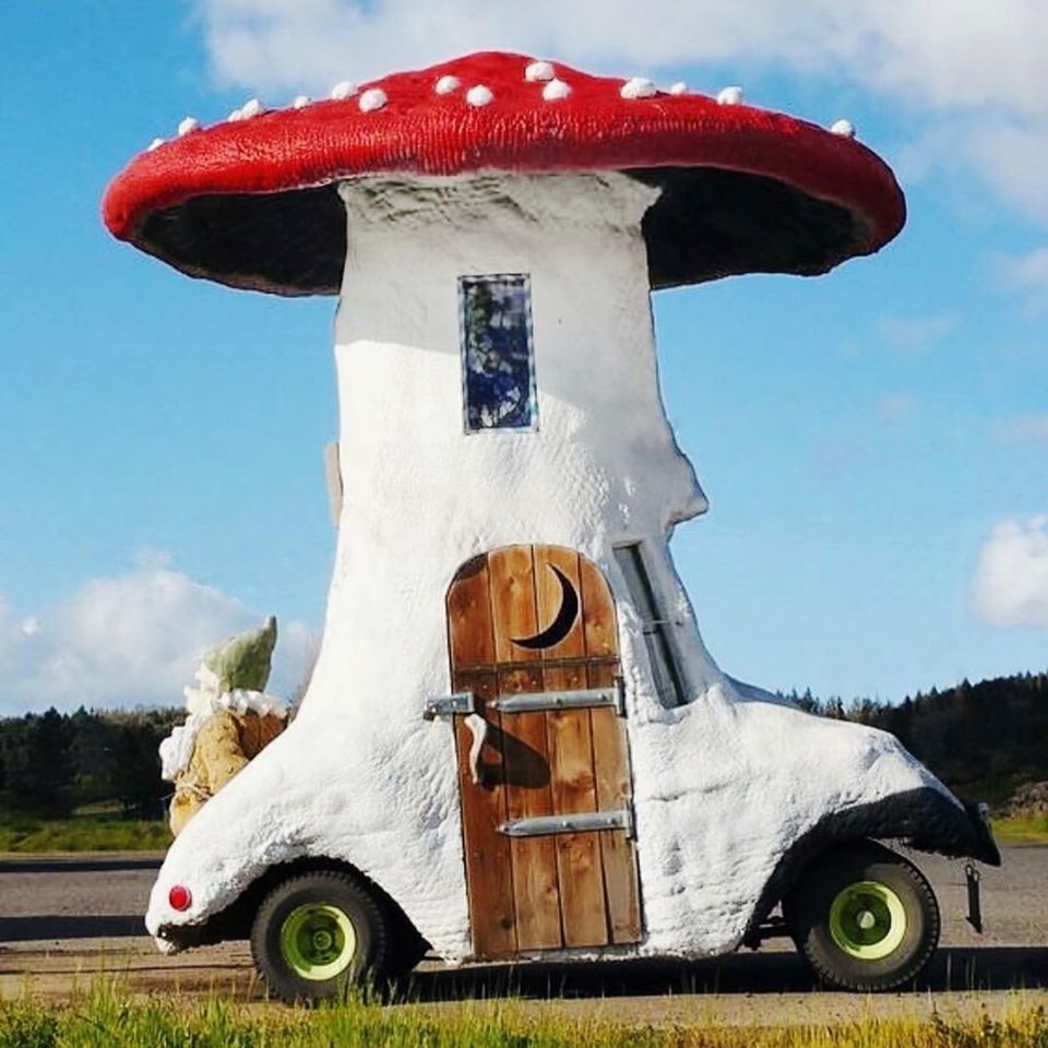 a white mushroom car with a red cap