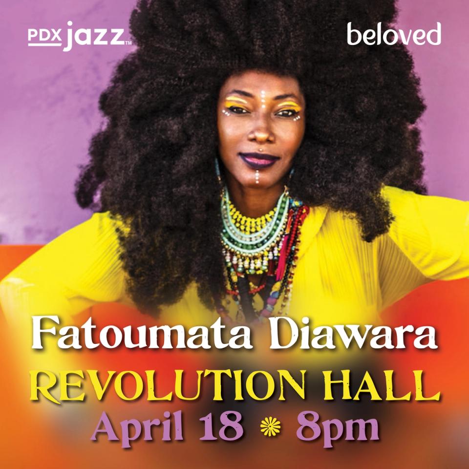 Fatoumata Diawara in vibrant bright yellow and red on a pink background