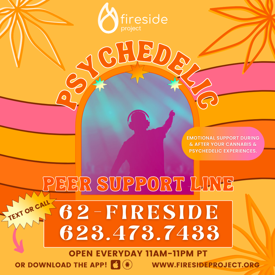Text on orange and pink background featuring DJ image and overlay: Fireside Psychedelic Peer Support Line