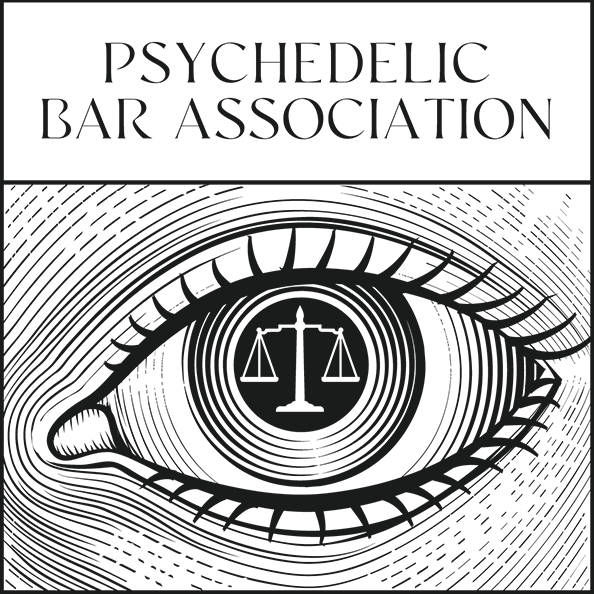 Psychedelic Bar Association text with eye illustration featuring scales of justice in the pupil