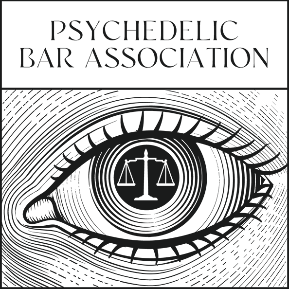 Psychedelic Bar Association text with eye illustration featuring scales of justice in the pupil Psychedelic Bar Association text with eye illustration featuring scales of justice in the pupil