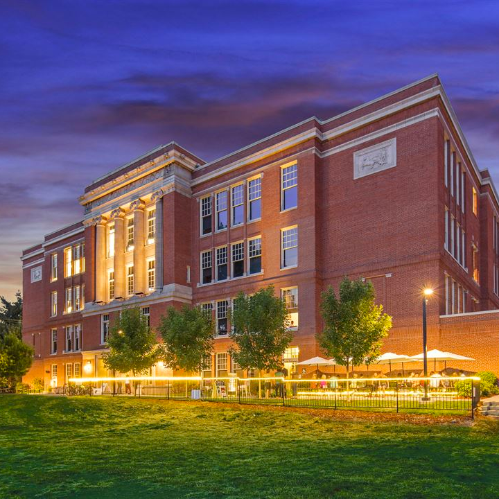 Exterior view of Revolution Hall at night