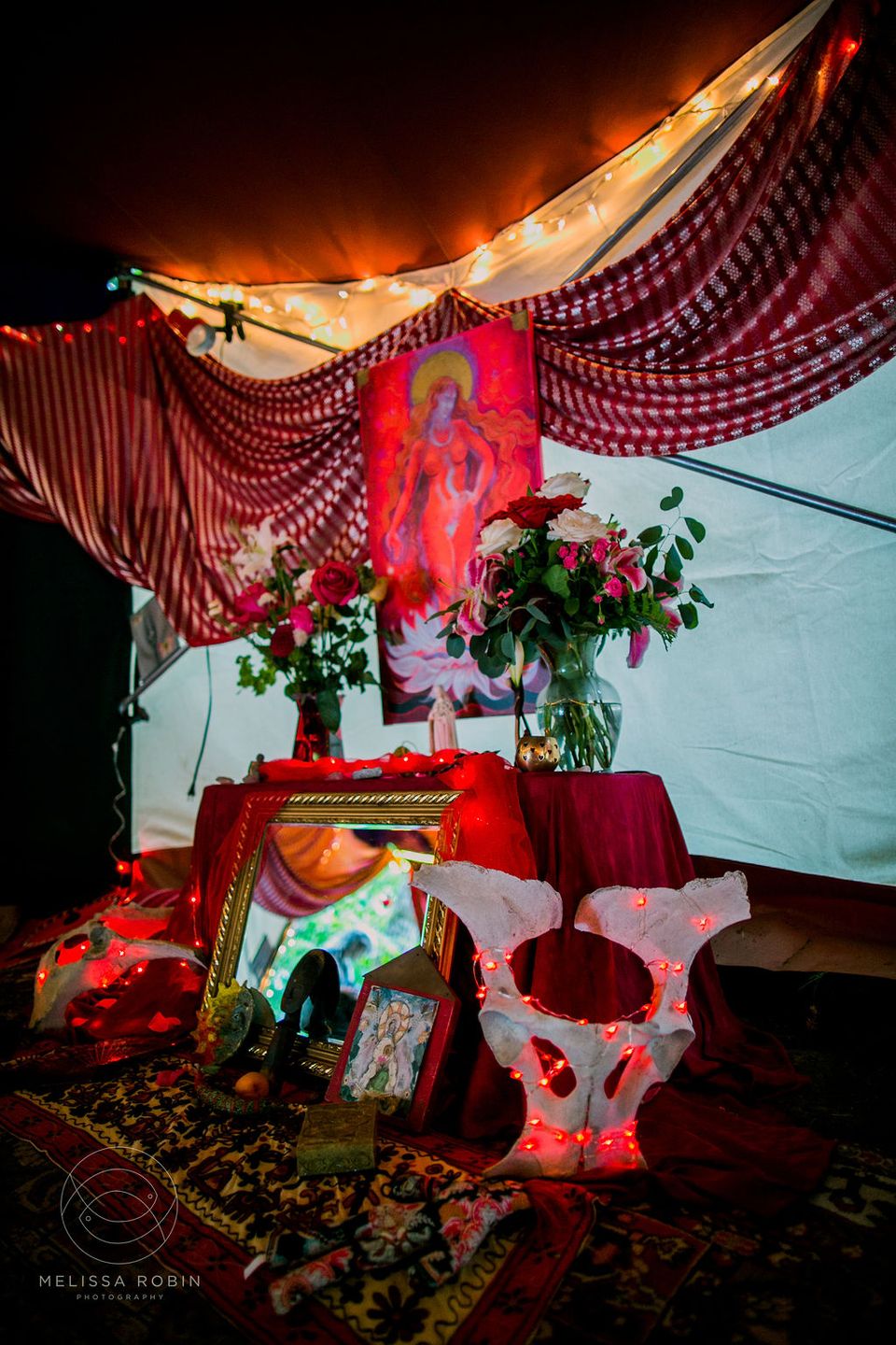 Red Tent Altar with Pelvic Bone and red lights