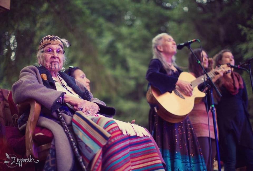 Grandma Aggie, Agnes Baker Pilgrim, on stage at Beloved