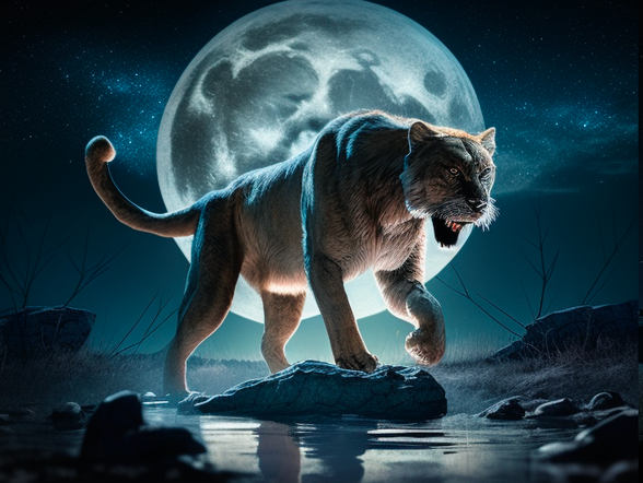 saber-toothed female tiger hunting under a full moon via Midjourney