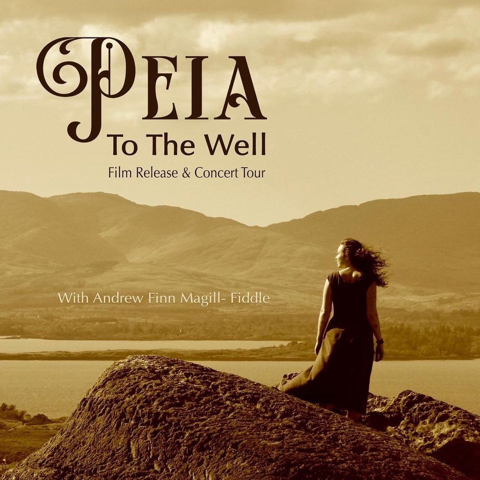Sepia toned square of Peia on the shore of Ireland with text: Peia To The Well Film Release & Concert Tour with Andrew Finn Magill-Fiddle